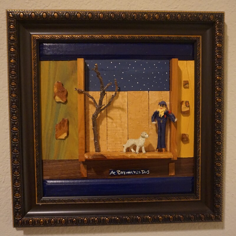 Beverly Calton A Boy and His Dog 15 x 15 Wood Antique Figures $100 SOLD